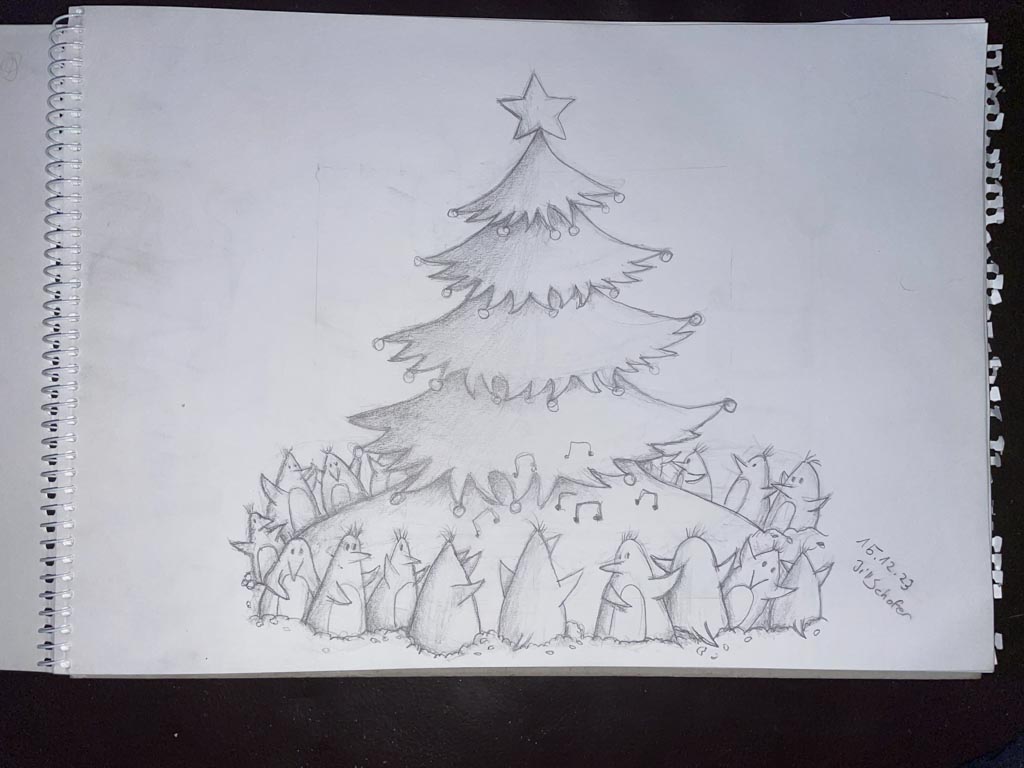 Weihnachtsbaum mit Weihnachtsstern und darum tanzen Pinguine, Bleistiftzeichnung