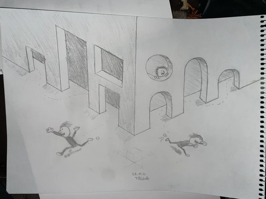 eine Bleistiftzeichnung mit einer Wand mit Fenster und Türen wo Zeichenfiguren rausrennen.
