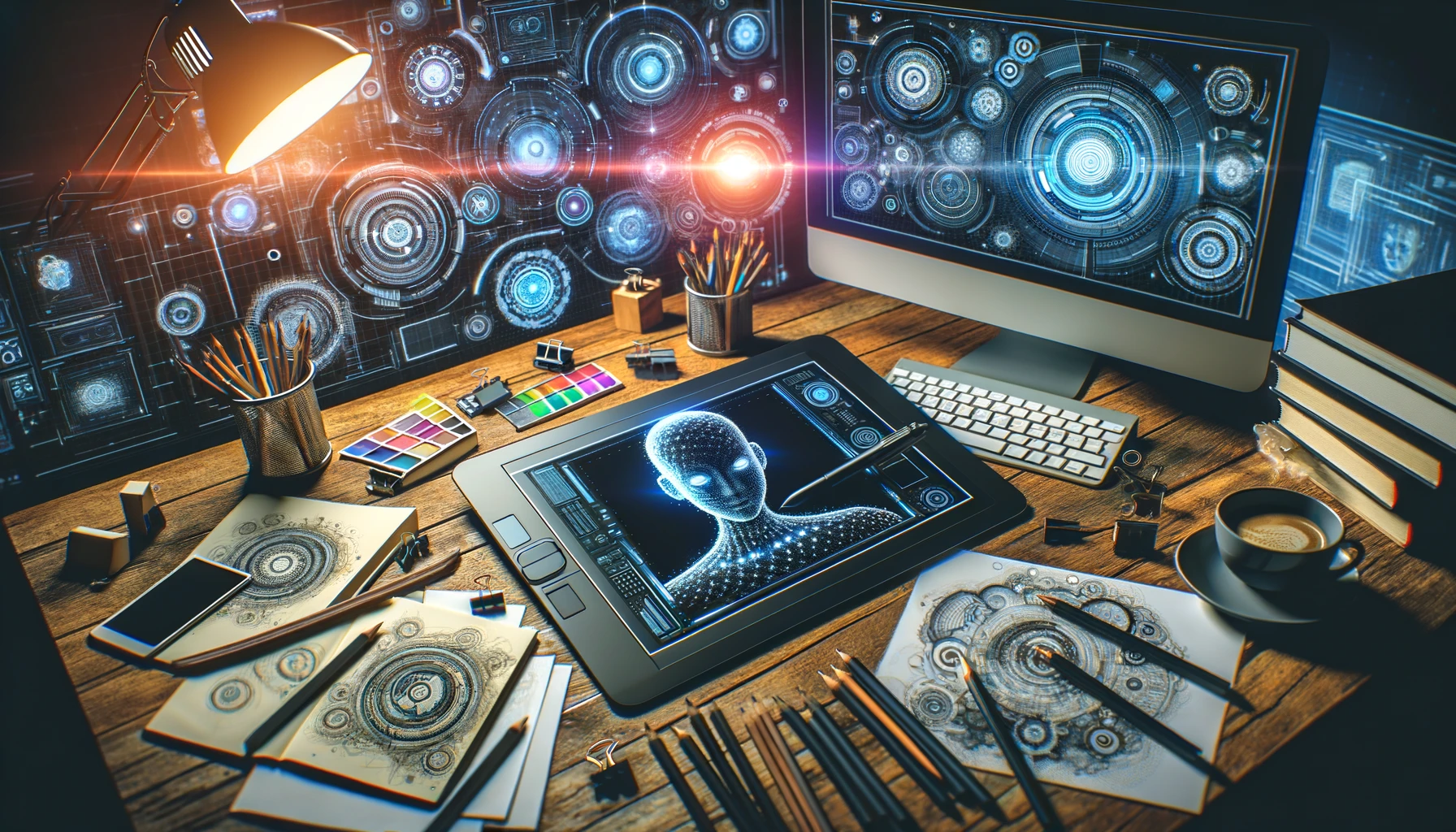 "A futuristic vision of a designer's workspace, blending traditional design elements with advanced AI technology interfaces. The scene includes a digital drawing tablet, a computer displaying AI software, sketches, and AI-generated logos surrounding the workspace. This setup represents the collaborative future of design where AI assists in bringing creative ideas to life while emphasizing the - Dall-E 3