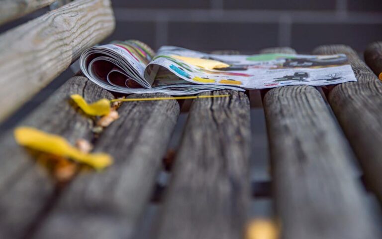 Eine Nahaufnahme einer aufgeschlagenen Zeitung auf einer Oberfläche aus hölzernen Brettern im Aussenbereich. Herbstlich gefärbte Blätter liegen verstreut auf den Brettern