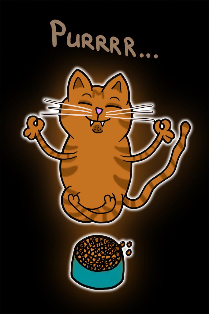 Karikatur einer glücklichen, orange gestreiften Katze, die ihre Pfoten hebt und 'Purrrr...' über ihrem Kopf steht, mit einem Napf voller Katzenfutter darunter.