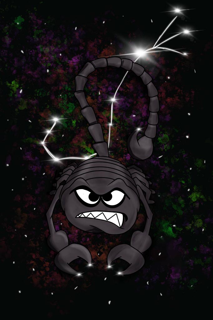 Comic-Stil Darstellung eines wütenden Skorpion-Charakters mit funkelnden Sternen im Weltraumhintergrund.