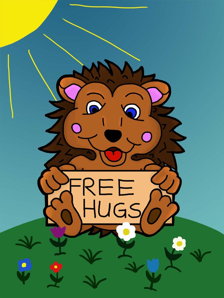 Cartoon eines fröhlichen Igels, der ein Schild mit der Aufschrift 'FREE HUGS' hält, auf einer Wiese mit bunten Blumen unter der Sonne.