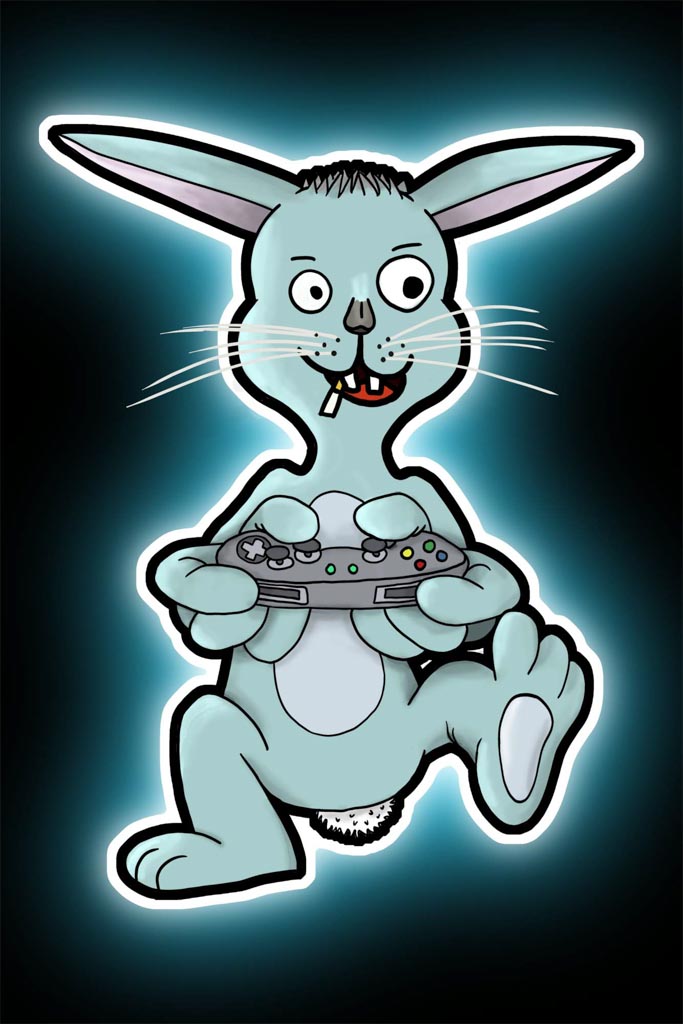 Karikatur eines blauen Hasen, der eine Spielkonsole hält und überrascht aussieht, mit einem leuchtenden Konturlichteffekt im Hintergrund.