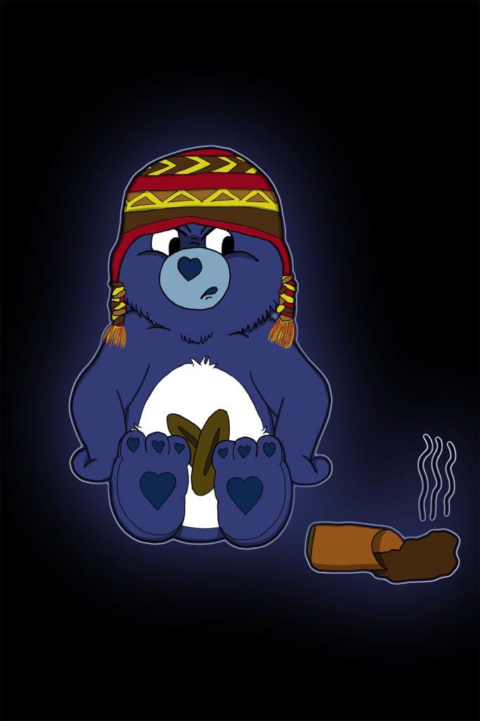 Illustration eines blauen Bären mit einer Wollmütze, der traurig aussieht und eine Bananenschale hält, neben einer umgeworfener Tasse Kaffee