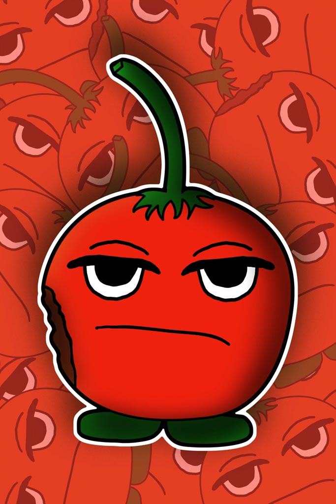 Zeichnung eines roten, ärgerlich blickenden Tomaten-Charakters vor einem Hintergrund mit Tomatenmuster.