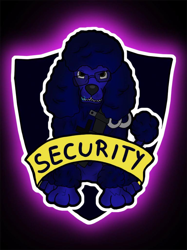 Illustration eines ernst blickenden Pudels in dunkelblau, gekleidet als Sicherheitspersonal mit einem 'SECURITY'-Banner, umgeben von einem leuchtenden violetten Hintergrund.