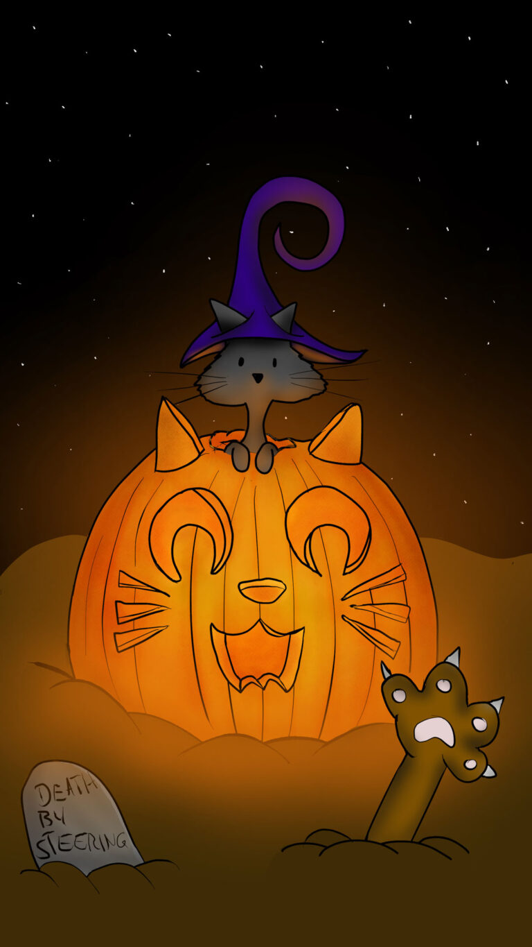 halloween cat in a halloween pumpkin with a zombie cat paw and a grave with the font "death by steering"